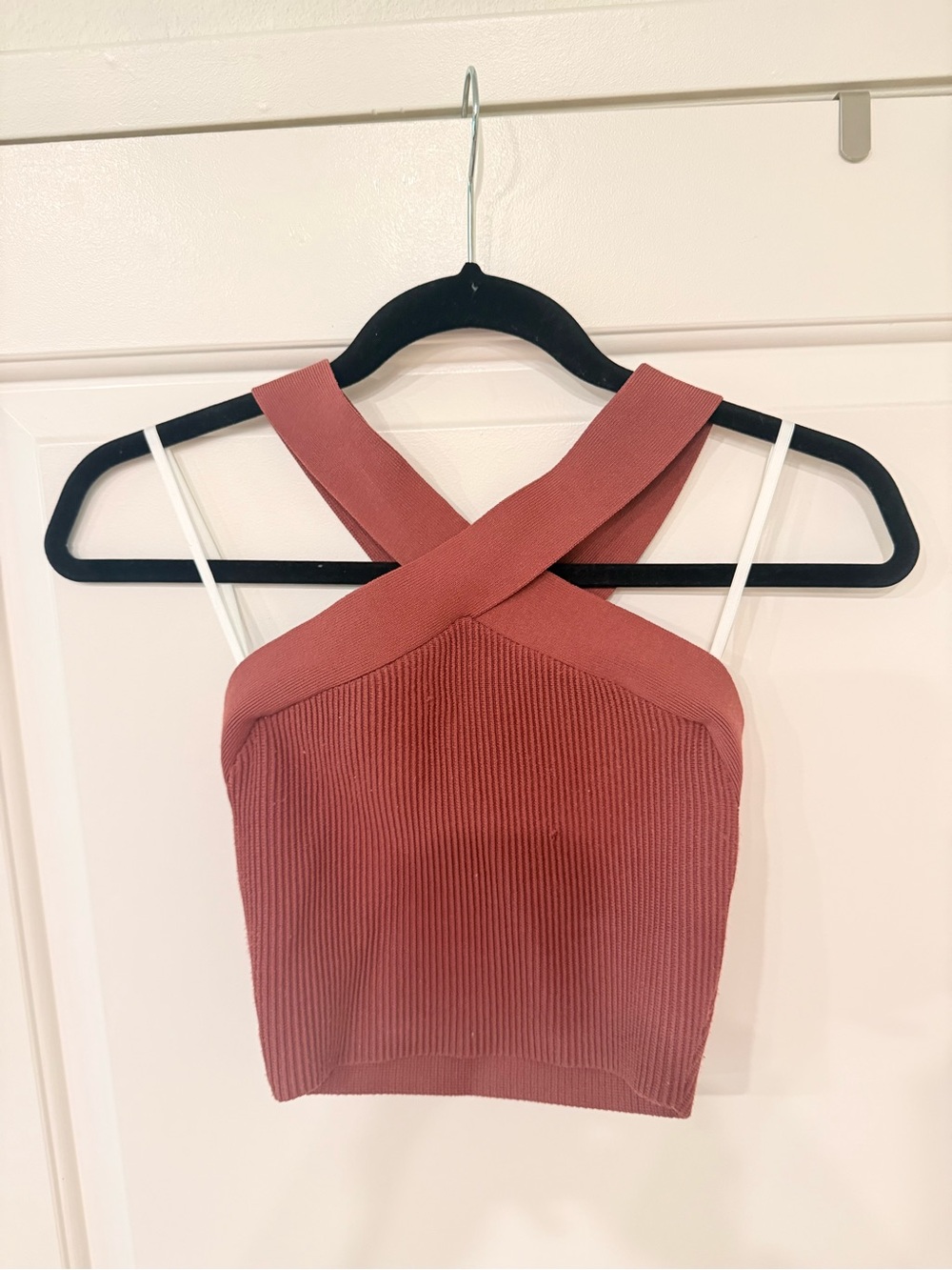 Babaton Ribbed Cross-Back Crop Top in Dusty Rose - Size Small
